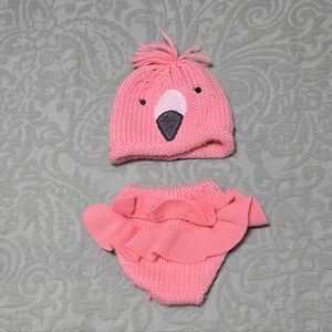 Pink Flamingo Knit Hat and Diaper Cover Set